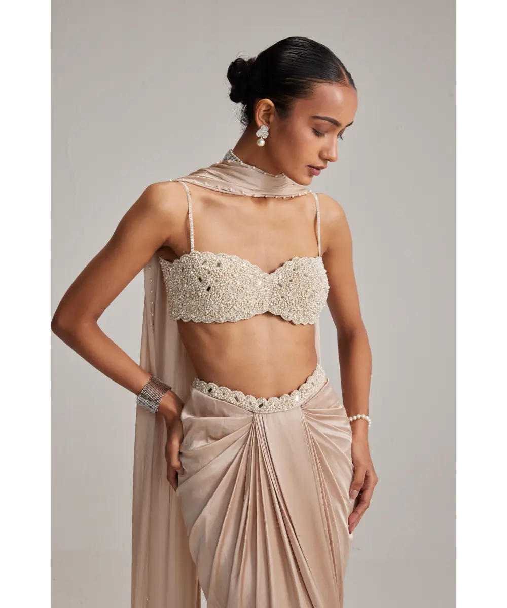VVANI VATS- Light Beige Satin draped skirt set